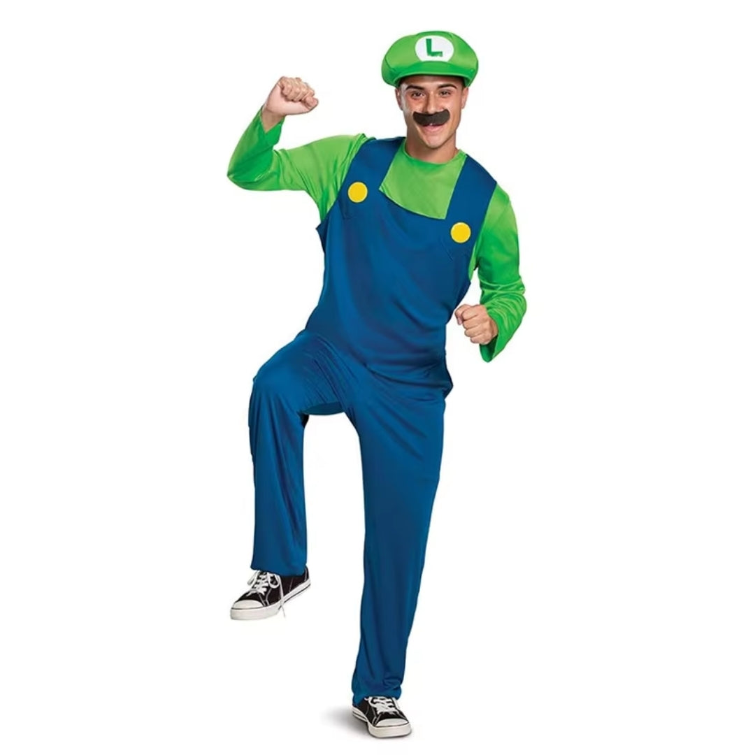 Iconic Video Game Plumber Duo Costume Set with Jumpsuit, Hat & Mustache for Adults | Thomler