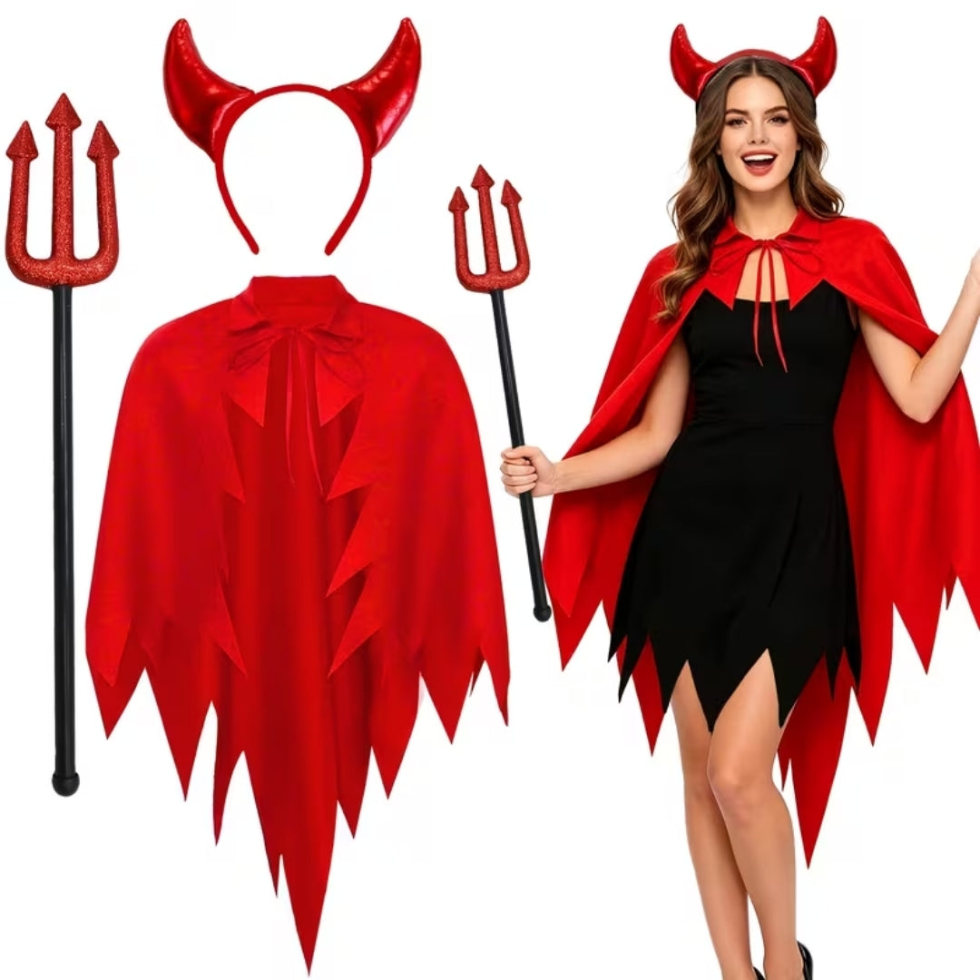 Women's Demon Costume Set – 3-Piece Cape, Horns & Trident Accessory Kit | Thomler