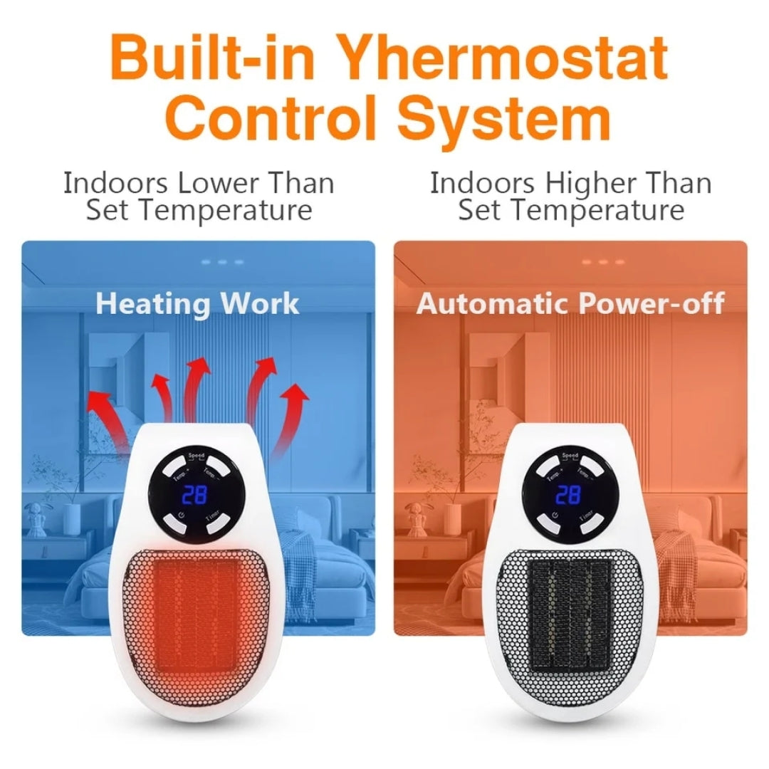 Compact Wall Outlet Space Heater with Remote Control & Timer – 500W Mini Plugin Warmer for Bedroom Office Kitchen | Thomler