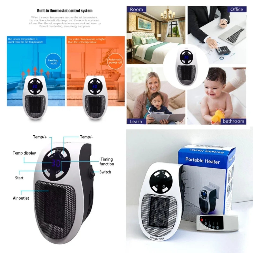 Compact Wall Outlet Space Heater with Remote Control & Timer – 500W Mini Plugin Warmer for Bedroom Office Kitchen | Thomler