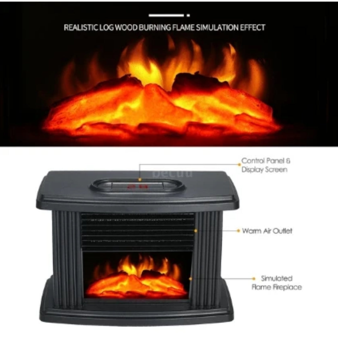 Compact Electric Fireplace Heater with Realistic Flame Effect and Digital Controls – 1000W Tabletop Space Heater for Living Room, Bedroom | Thomler