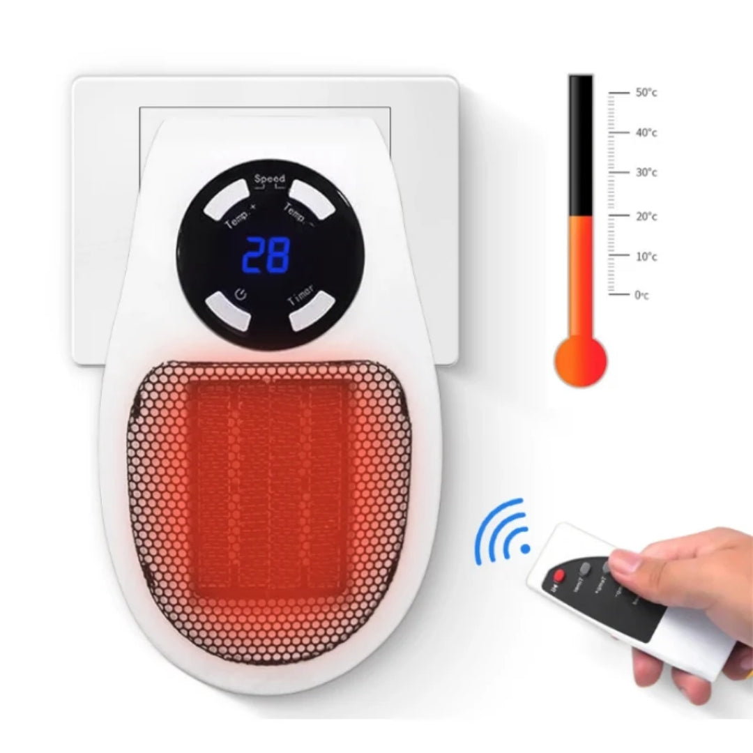 Compact Wall Outlet Space Heater with Remote Control & Timer – 500W Mini Plugin Warmer for Bedroom Office Kitchen | Thomler
