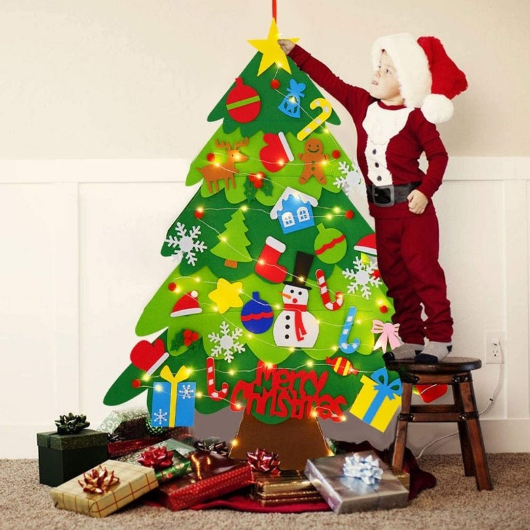 Interactive Felt Holiday Tree Play Set – Toddler Decorating Activity Board with LED Lights | Thomler