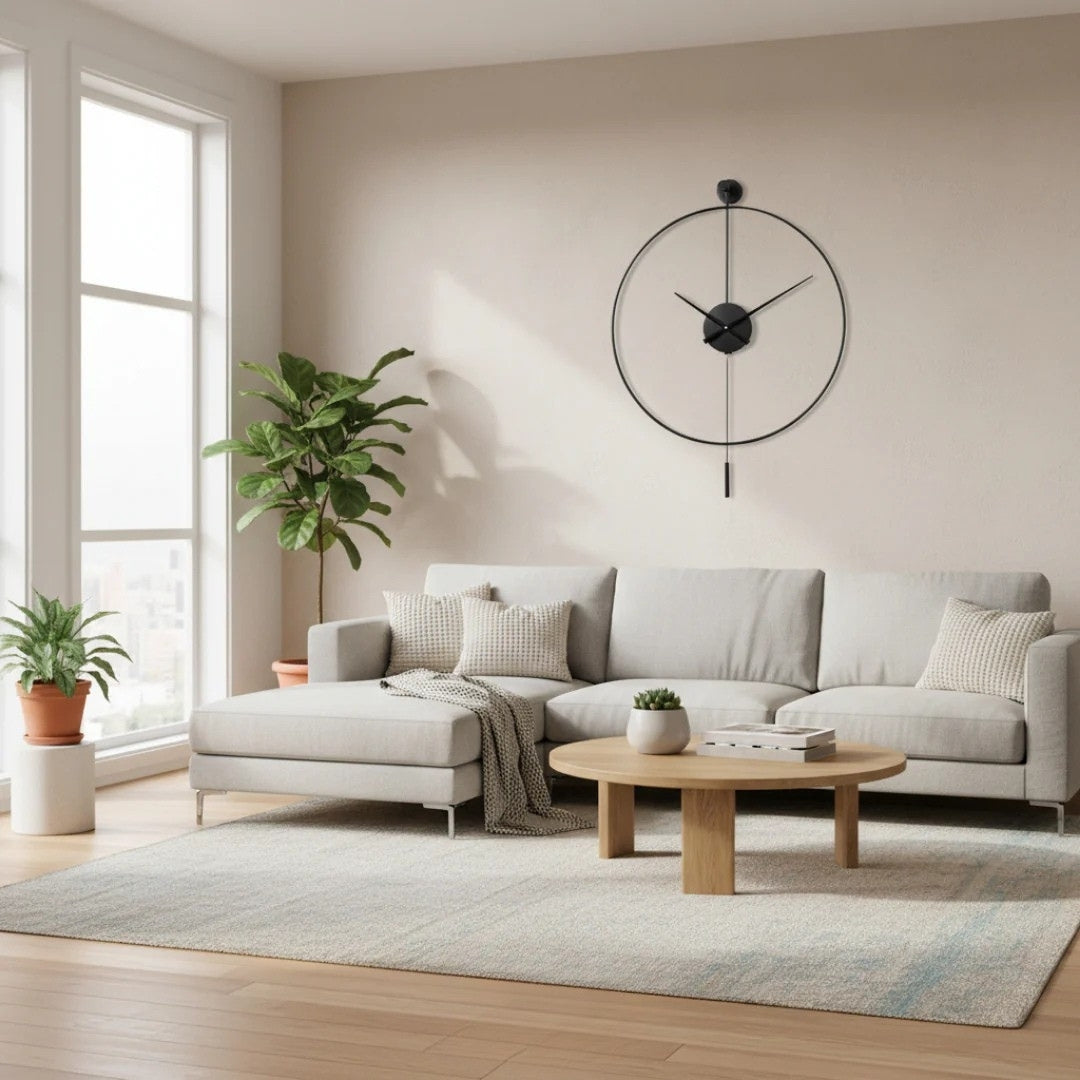 Large Silent Wall Clock with Pendulum – Metal Round Timepiece for Living Room & Bedroom – Quiet Quartz Movement – Modern Decorative Clock | Thomler