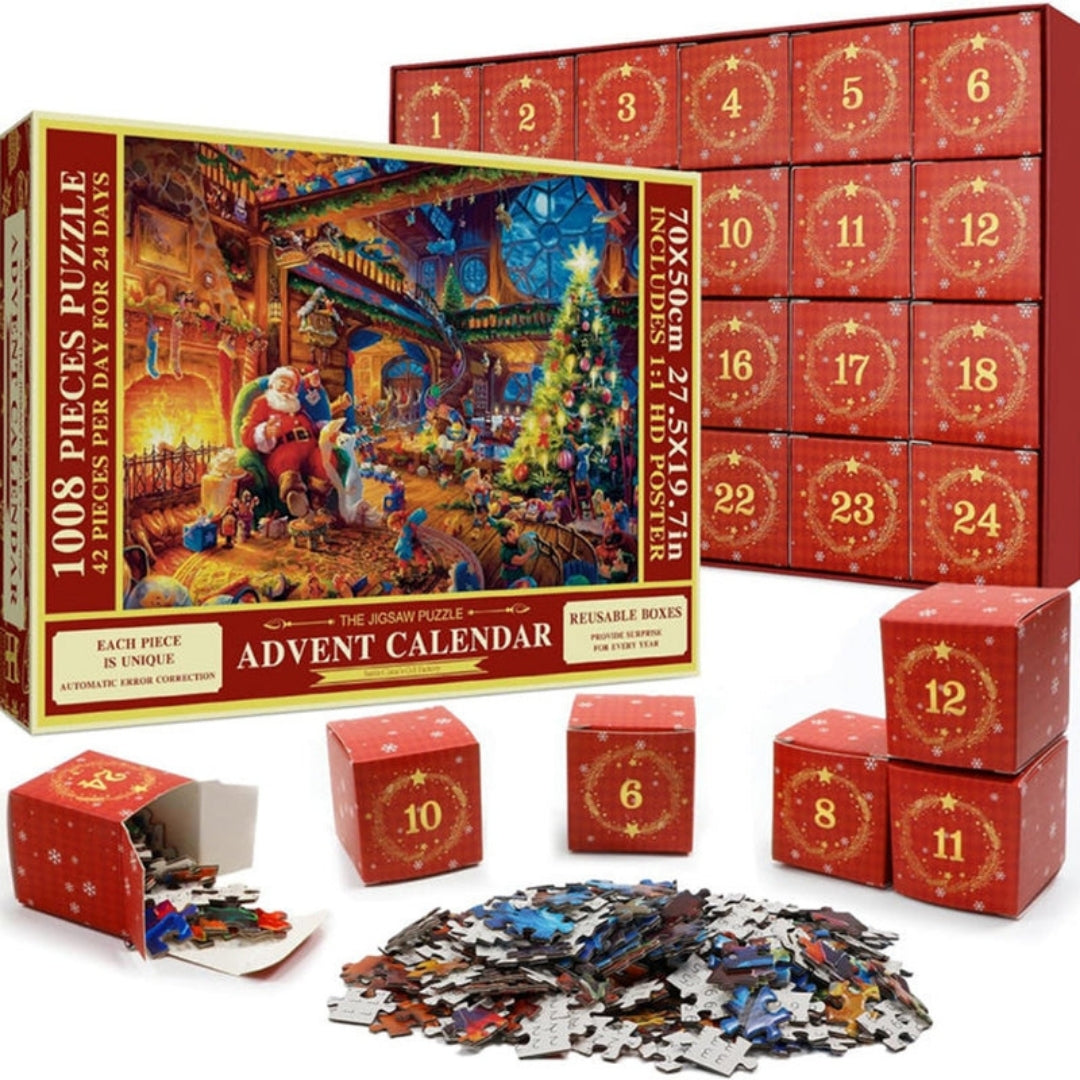 Advent Calendar Christmas Jigsaw Puzzle 1008 Pieces – Daily 42-Piece Countdown Set with Workshop Scene & Poster for Kids & Adults | Thomler