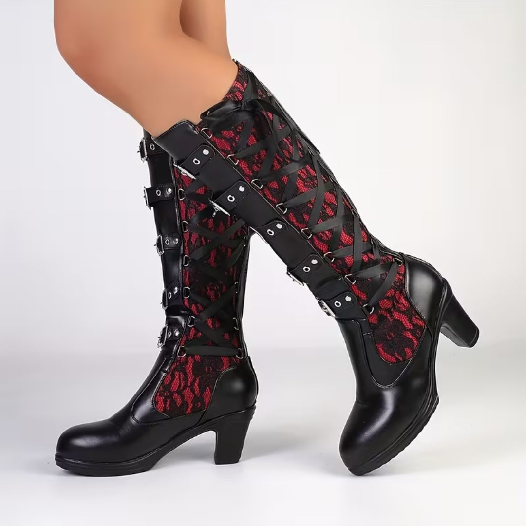 Tall Buckled Platform Boots with Lace Insets – Edgy Block Heel Gothic Statement Footwear for Women | Thomler