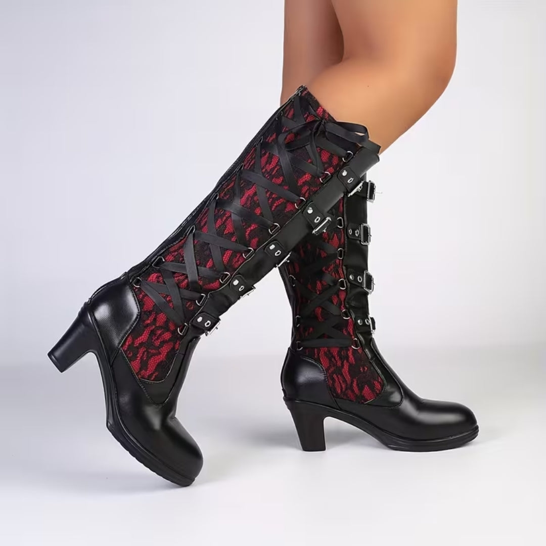 Tall Buckled Platform Boots with Lace Insets – Edgy Block Heel Gothic Statement Footwear for Women | Thomler