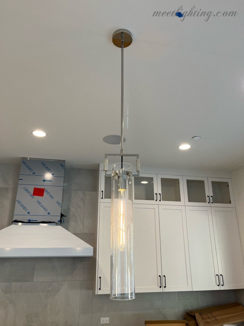 Industrial Glass Cylinder Hanging Light Fixture with Metal Frame & Edison Bulb for Kitchen Island Dining Room | Thomler