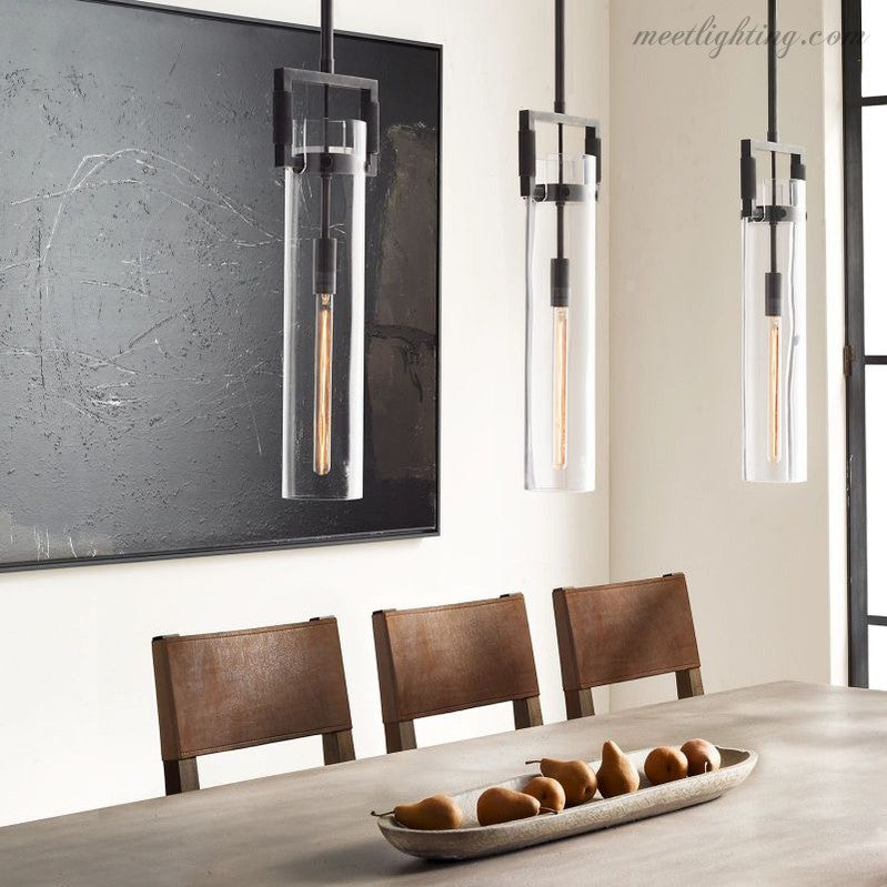 Industrial Glass Cylinder Hanging Light Fixture with Metal Frame & Edison Bulb for Kitchen Island Dining Room | Thomler