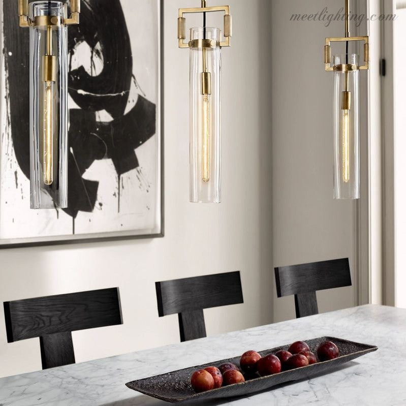 Industrial Glass Cylinder Hanging Light Fixture with Metal Frame & Edison Bulb for Kitchen Island Dining Room | Thomler