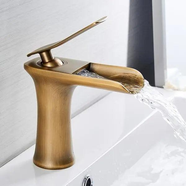 Deck-Mount Bathroom Faucet with Single Lever Control in Polished Metallic Finish for Sink | Contemporary Waterfall Spout Fixture | Easy Inst | Thomler