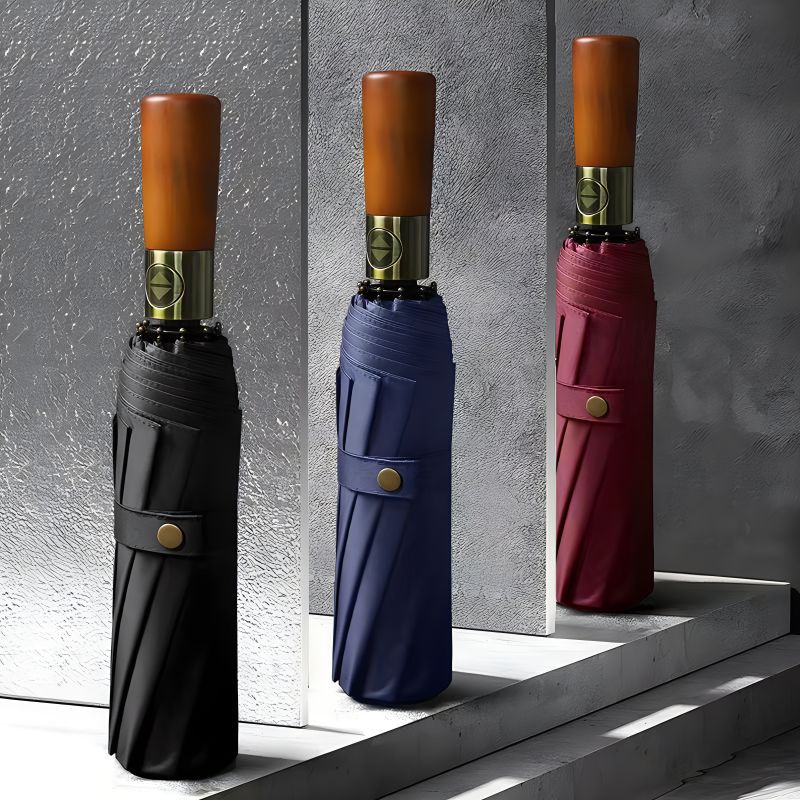 Windproof Auto-Open Compact Umbrella with Wood Grip for Rain & Travel – Large Canopy Folding Design for Golf, Commute & Everyday Storm | Thomler