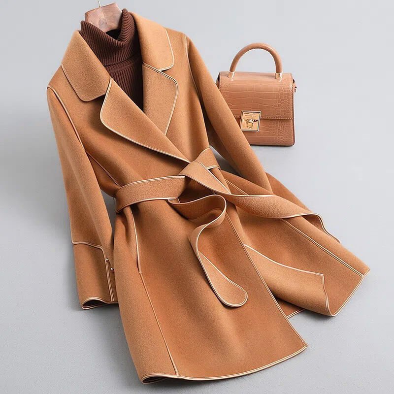 Women's Knee-Length Wool Overcoat with Waist Tie & Mini Handbag – Structured Lapel Jacket for Fall & Winter | Thomler
