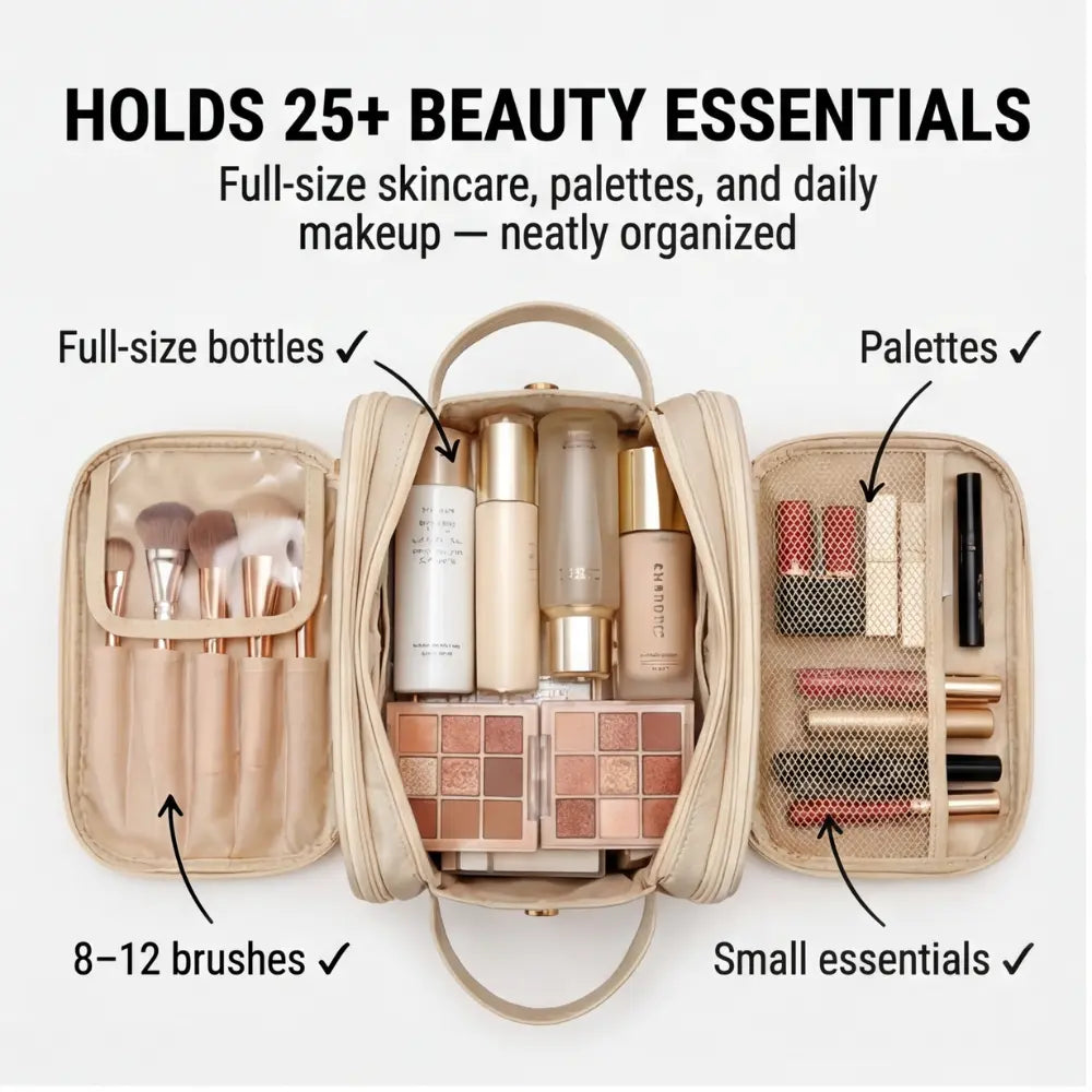 Flach aufklappbare Kosmetiktasche – Pinselschutz, 25+ Produkte