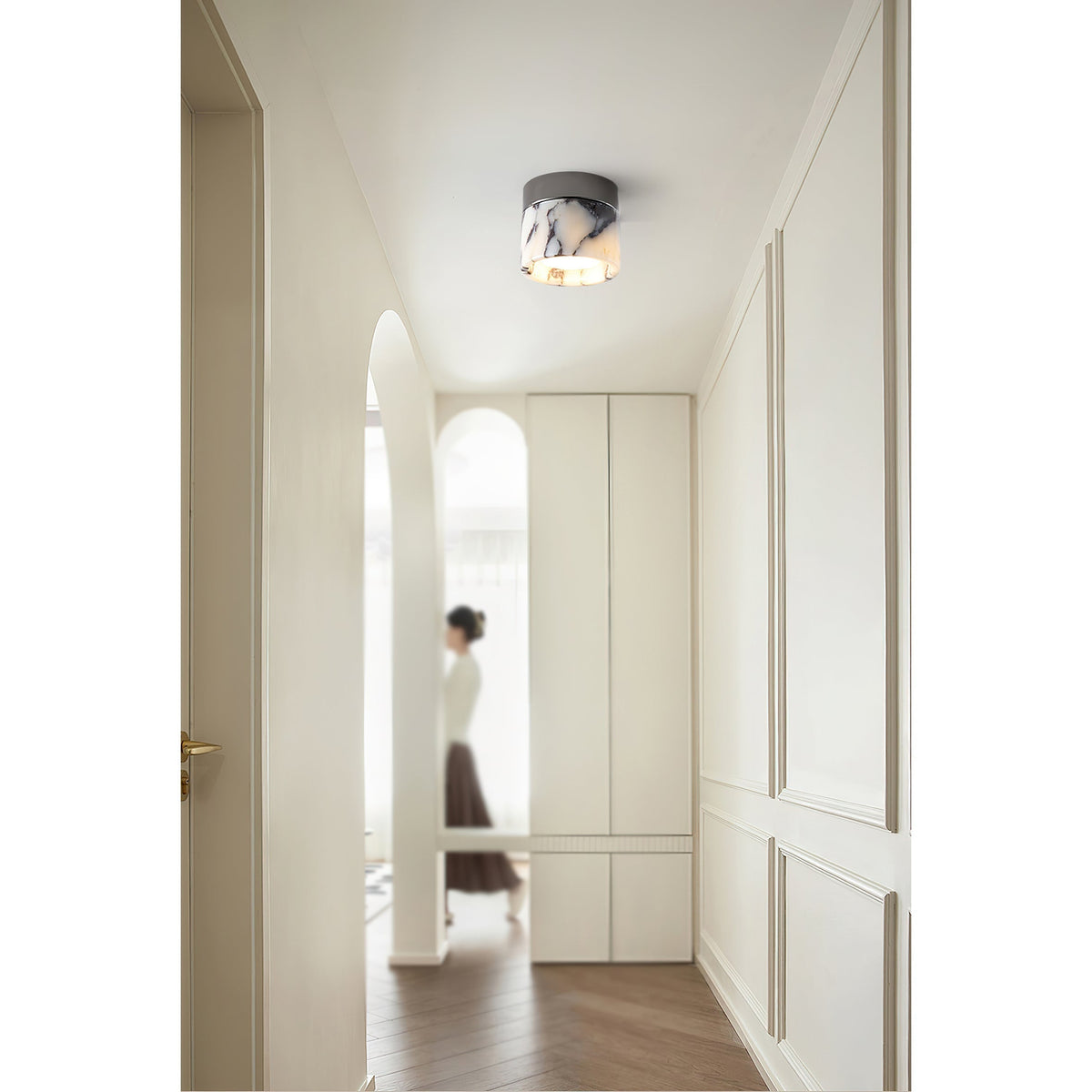 Compact Stone Flush-Mount Light Fixture with Natural Veining – Small Round Pendant for Entryway, Hallway & Bedroom | Thomler