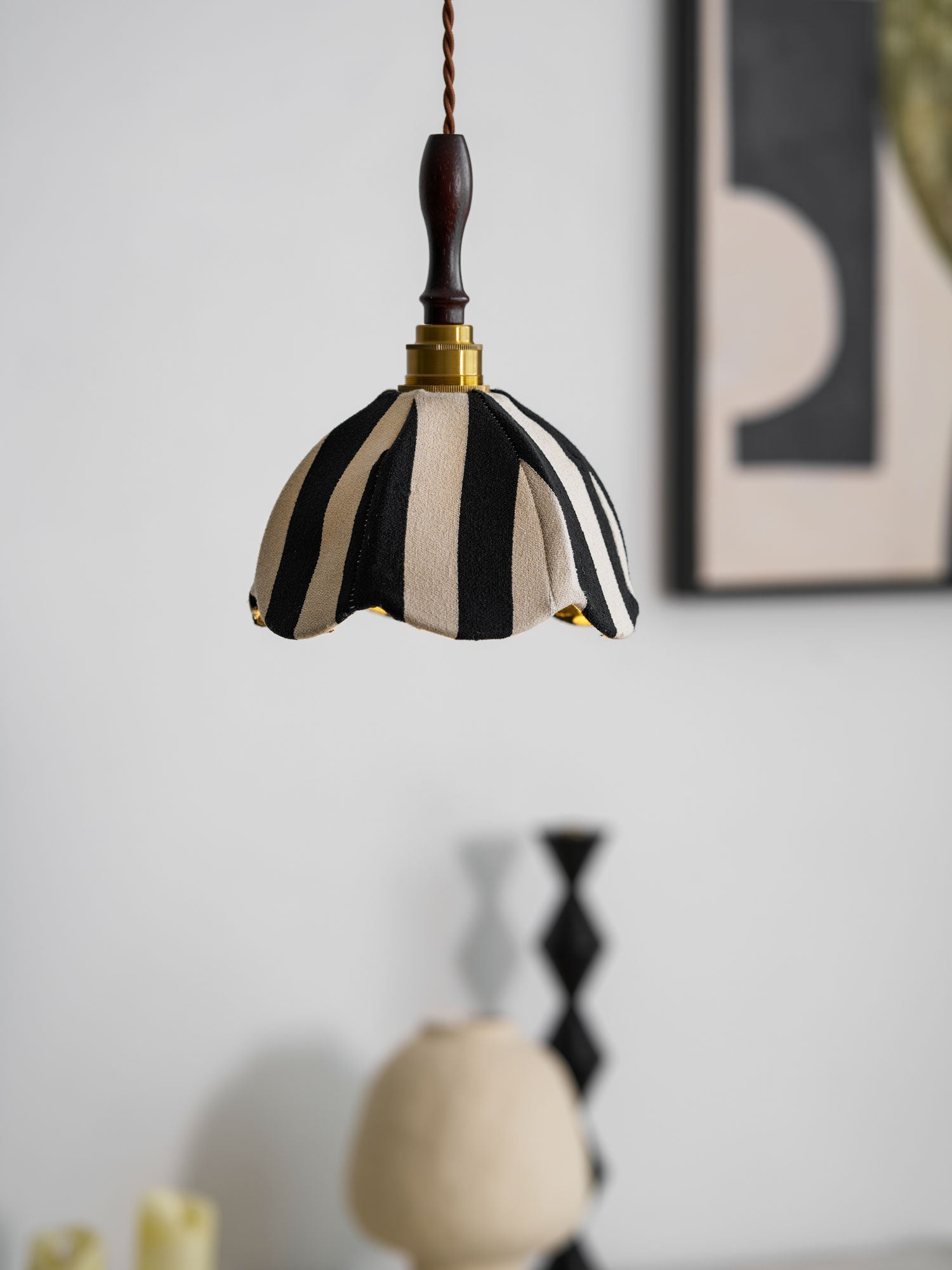 Pendant Light Wood 7.9 in Black White Striped Fabric Tulip Shape Dining Room Accent Lighting | Thomler