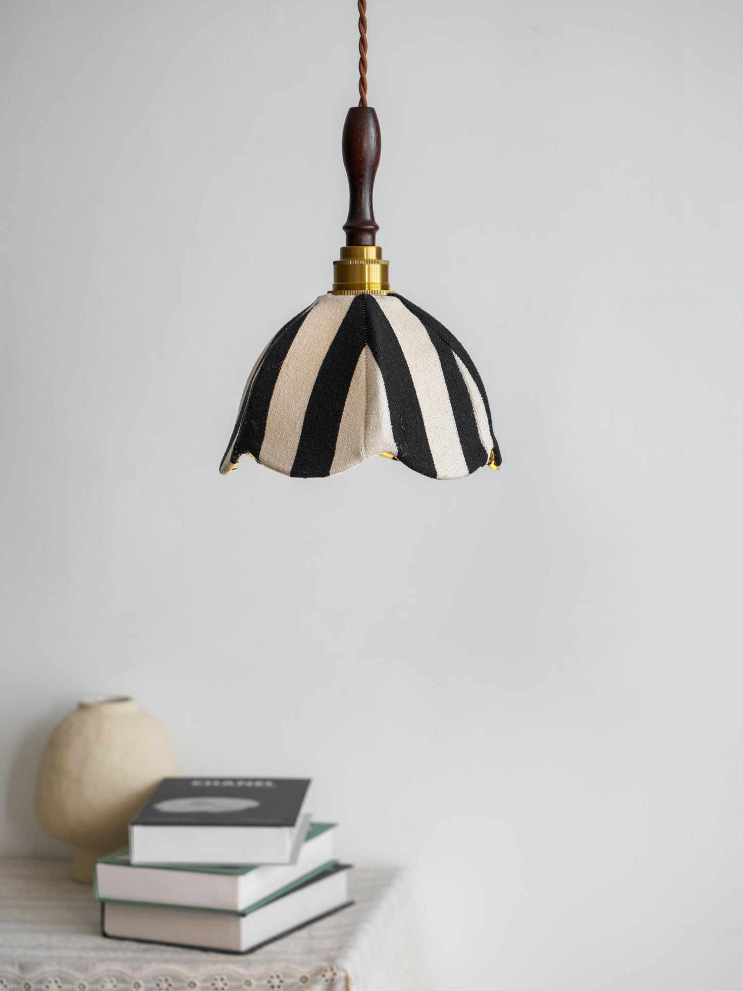 Pendant Light Wood 7.9 in Black White Striped Fabric Tulip Shape Dining Room Accent Lighting | Thomler