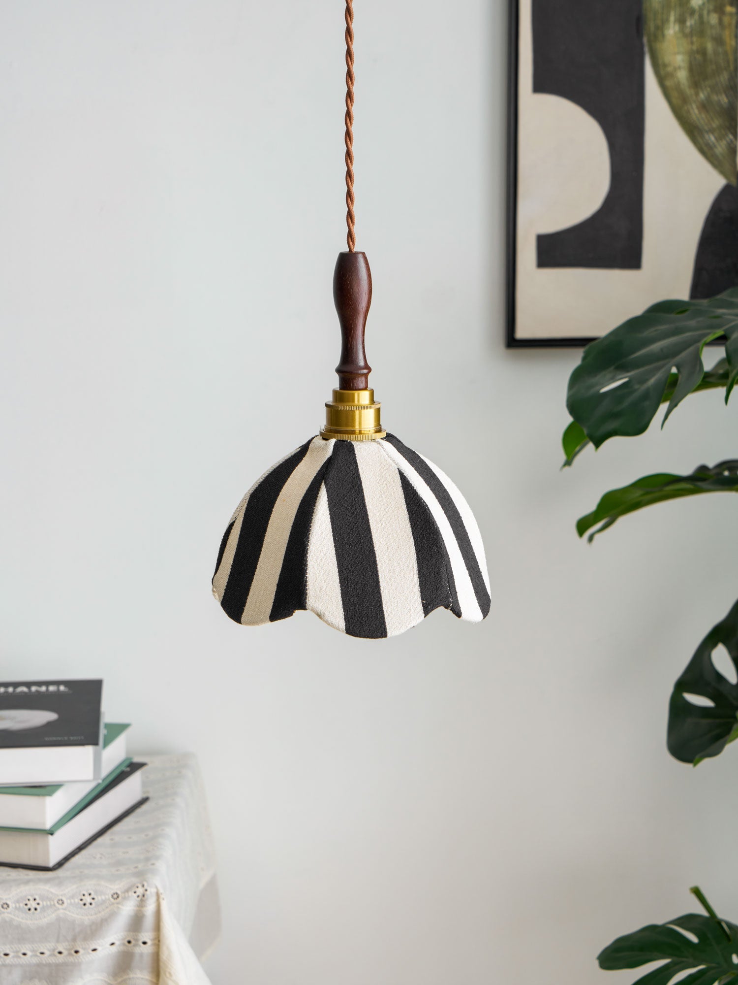 Pendant Light Wood 7.9 in Black White Striped Fabric Tulip Shape Dining Room Accent Lighting | Thomler