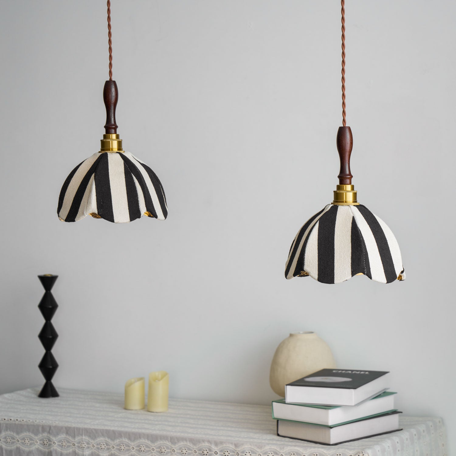 Pendant Light Wood 7.9 in Black White Striped Fabric Tulip Shape Dining Room Accent Lighting | Thomler