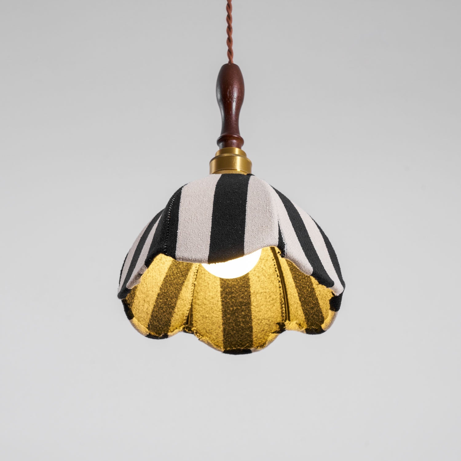 Pendant Light Wood 7.9 in Black White Striped Fabric Tulip Shape Dining Room Accent Lighting | Thomler