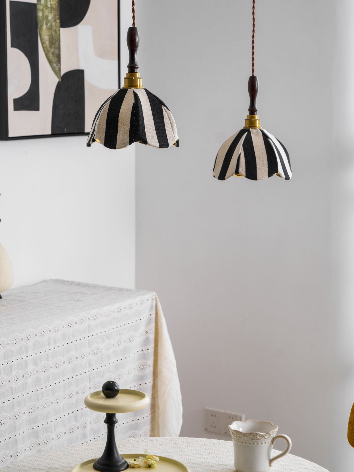Pendant Light Wood 7.9 in Black White Striped Fabric Tulip Shape Dining Room Accent Lighting | Thomler