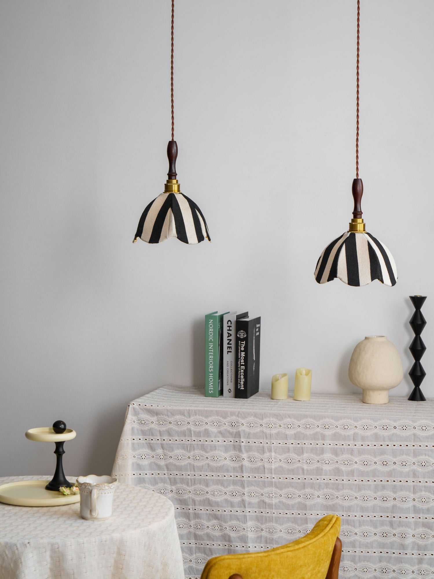 Pendant Light Wood 7.9 in Black White Striped Fabric Tulip Shape Dining Room Accent Lighting | Thomler