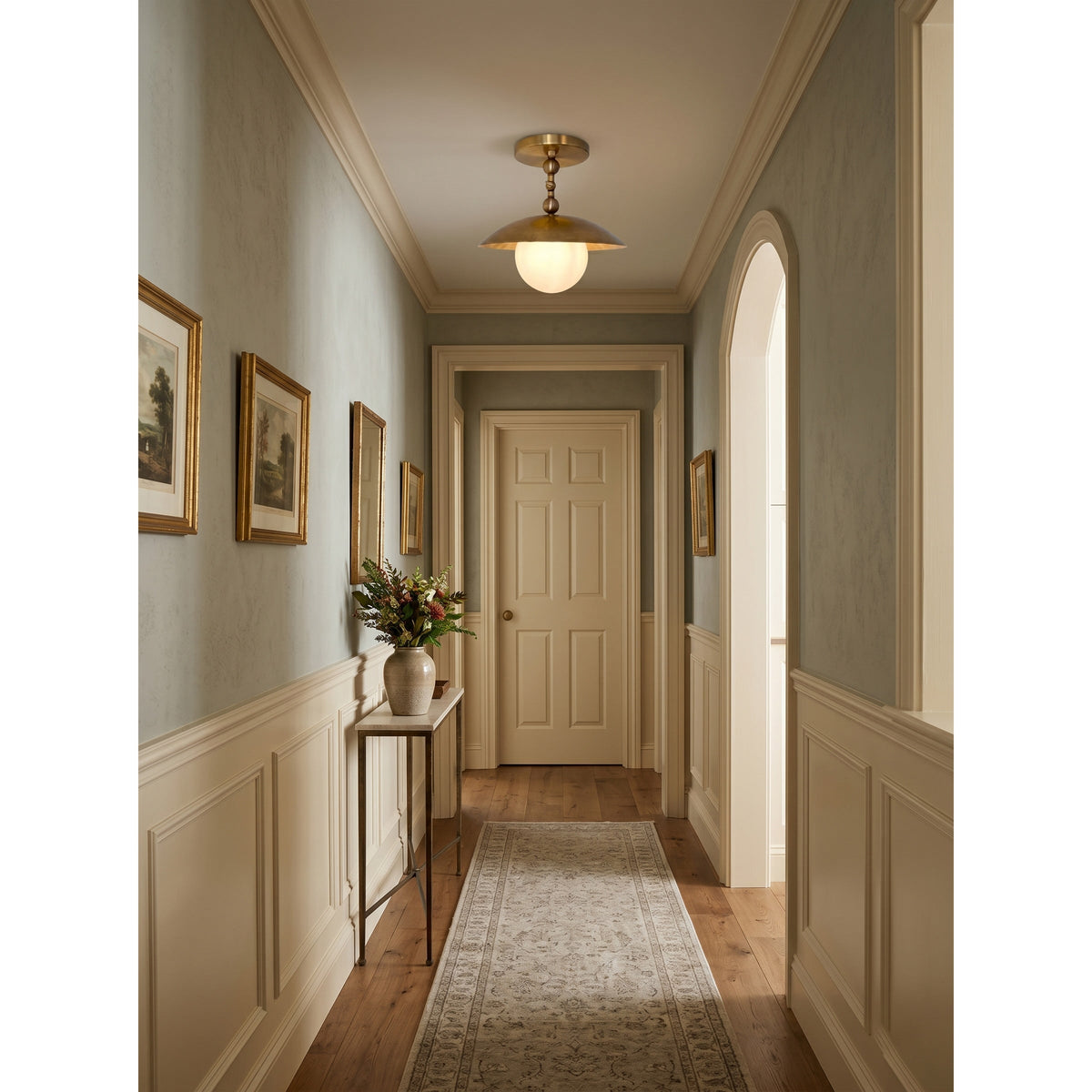 Semi-Flush Ceiling Light with Hand-Finished Brass and Glass or Alabaster Shade – 10 in – Hardwired Ceiling Fixture for Kitchen, Hallway | Thomler