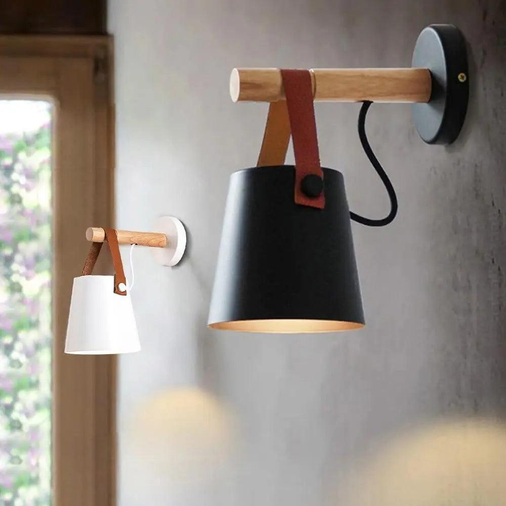 Wooden Wall Sconce Minimalist Bedroom Lighting Black White Hardwired Plug In Ambient Light Fixture Modern Scandinavian Style Home Decor | Thomler