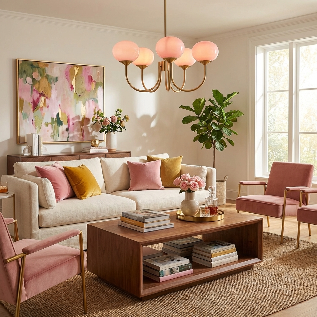 Modern Pink Glass Ceiling Light 18.1 in 3-5 Head Indoor Fixture Copper Chrome Finish Living Room Dining Room Bedroom Lighting | Thomler