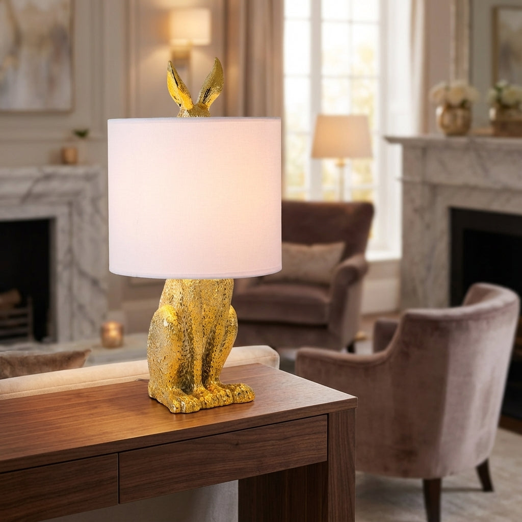 Table Lamp Resin Rabbit 25.0 cm Gold Bedroom Living Room Decorative Accent Light Linen Shade E27 Animal Sculpture | Thomler