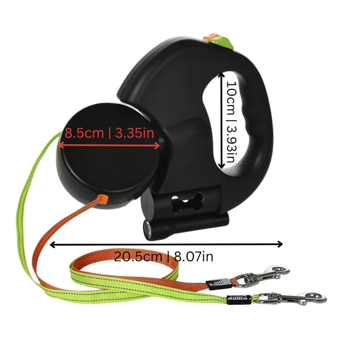 Retractable Double Dog Leash with 360° Swivel, Built-In LED Flashlight & Waste Bag Holder for Walking Two Dogs Up to 66 lbs Each | Thomler