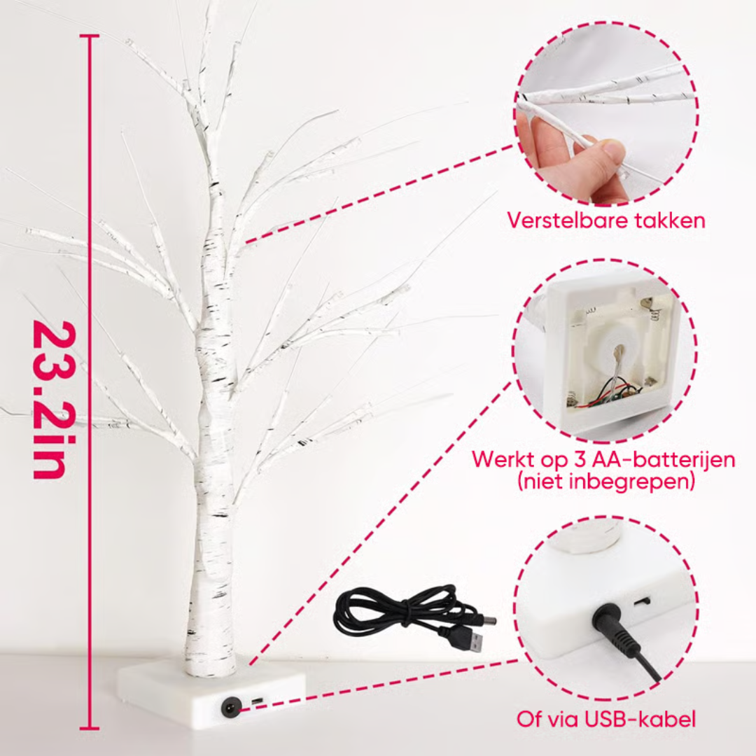 Illuminated Birch Tree Lamp with 18 Heart Ornaments – Battery or USB Powered Light for Bedroom, Living Room & Office | Thomler