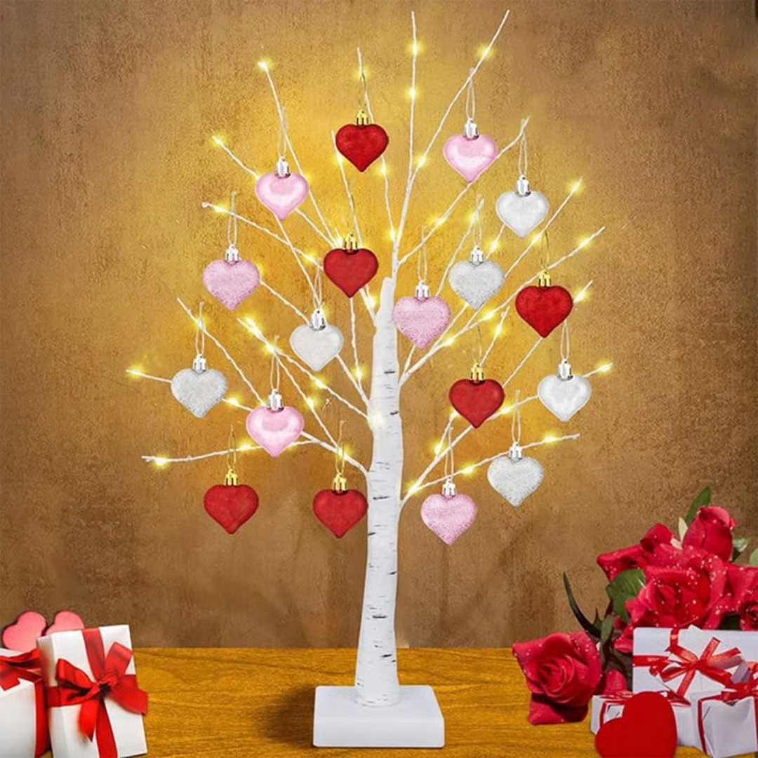 Illuminated Birch Tree Lamp with 18 Heart Ornaments – Battery or USB Powered Light for Bedroom, Living Room & Office | Thomler