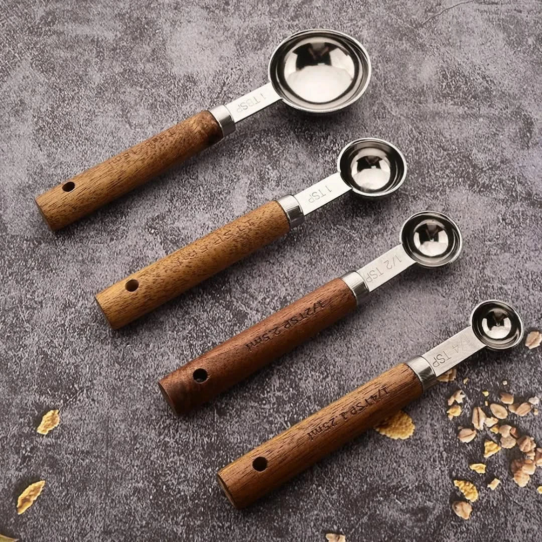 Stainless Steel Measuring Spoons with Wooden Handles – 4-Piece Baking & Cooking Utensil Set, Clear Metric Markings, Dishwasher Safe | Thomler