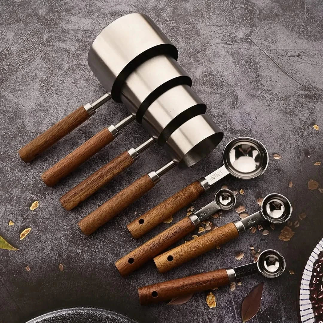 Stainless Steel Measuring Spoons with Wooden Handles – 4-Piece Baking & Cooking Utensil Set, Clear Metric Markings, Dishwasher Safe | Thomler