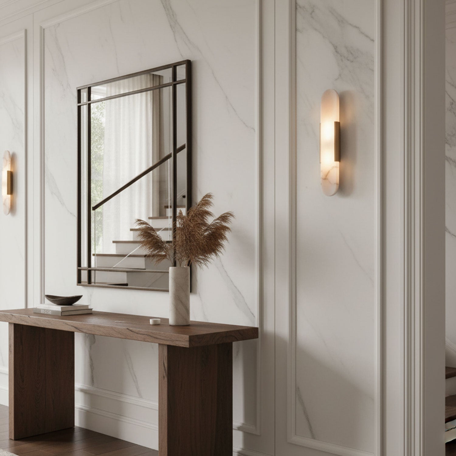 Melange Elongated Alabaster Wall Lamp 13.8 in White Brass Indoor Lighting Decorative Modern Sconce | Thomler