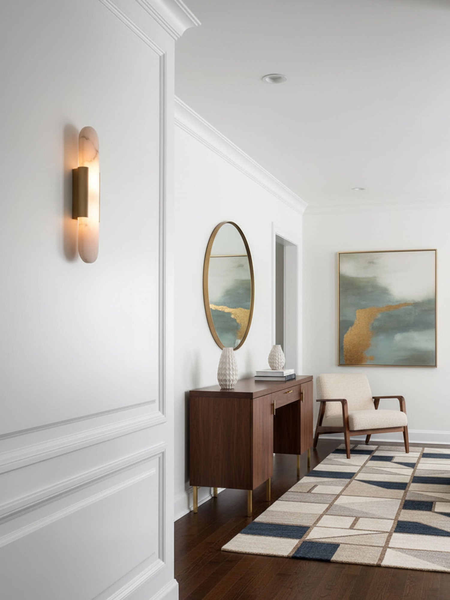 Melange Elongated Alabaster Wall Lamp 13.8 in White Brass Indoor Lighting Decorative Modern Sconce | Thomler