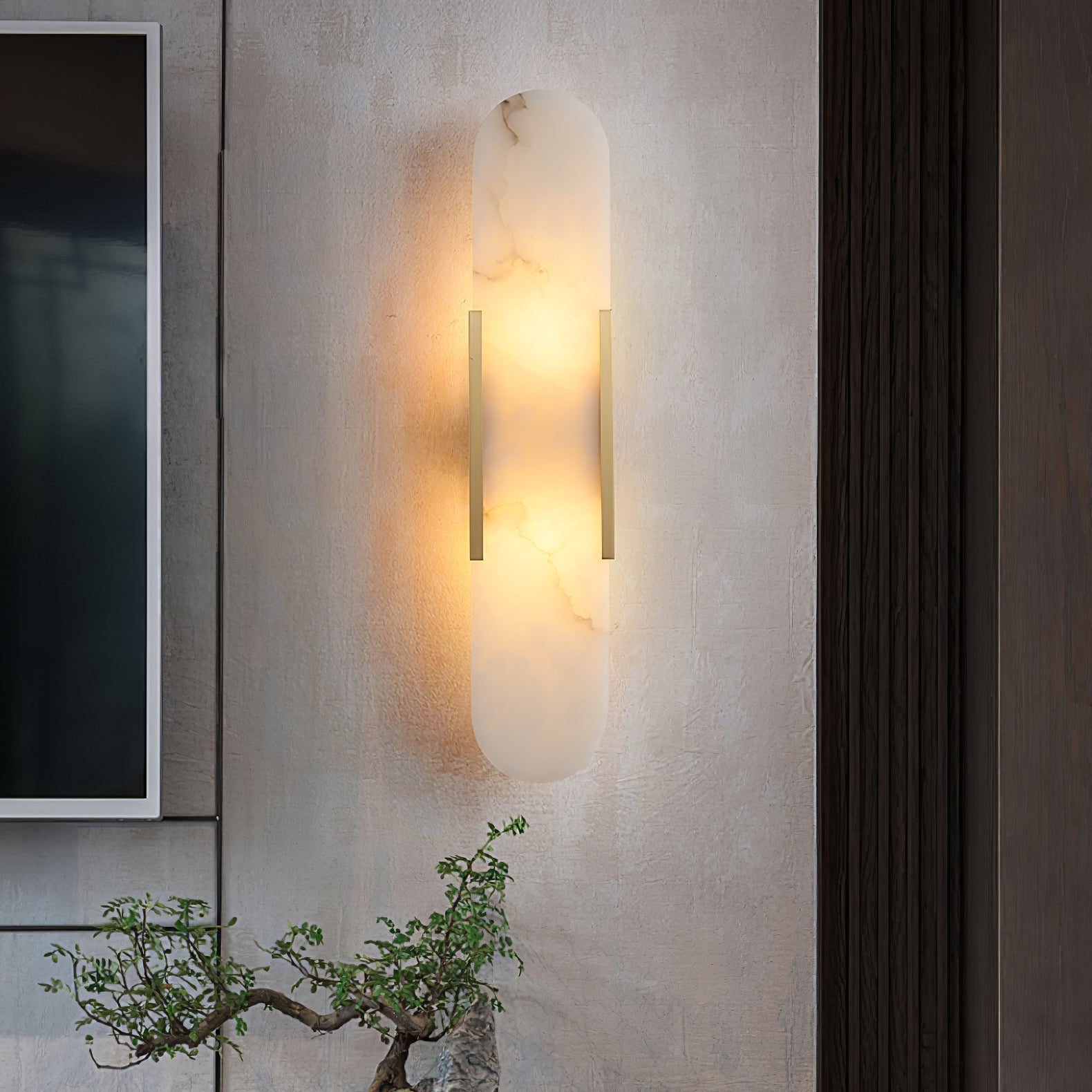 Melange Elongated Alabaster Wall Lamp 13.8 in White Brass Indoor Lighting Decorative Modern Sconce | Thomler