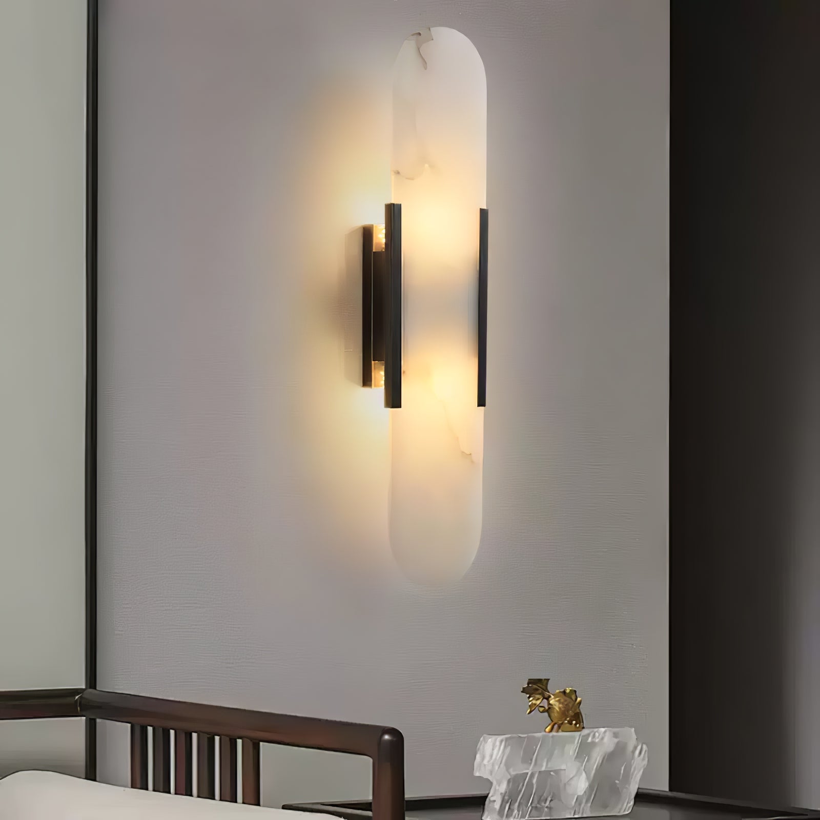 Melange Elongated Alabaster Wall Lamp 13.8 in White Brass Indoor Lighting Decorative Modern Sconce | Thomler