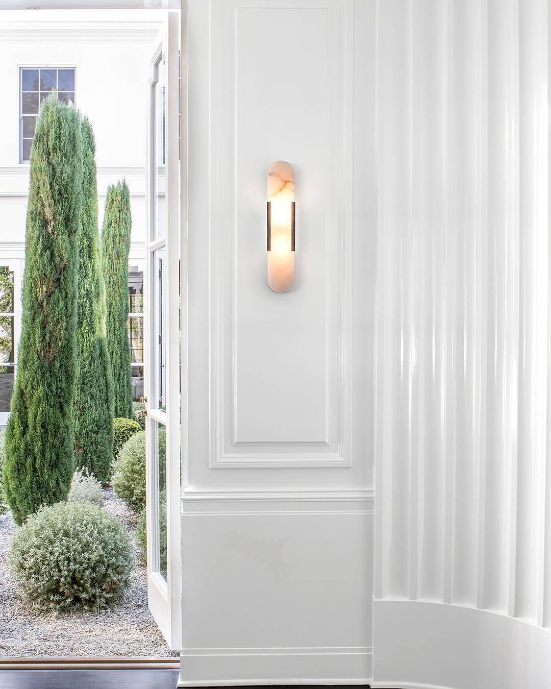 Melange Elongated Alabaster Wall Lamp 13.8 in White Brass Indoor Lighting Decorative Modern Sconce | Thomler