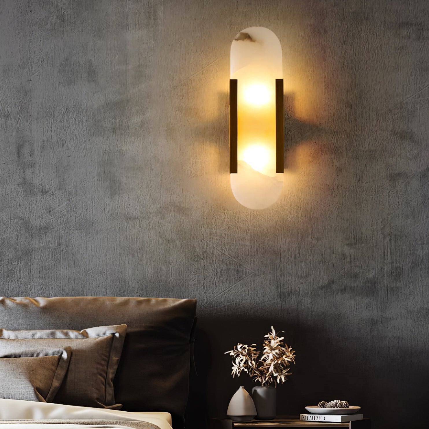 Melange Elongated Alabaster Wall Lamp 13.8 in White Brass Indoor Lighting Decorative Modern Sconce | Thomler