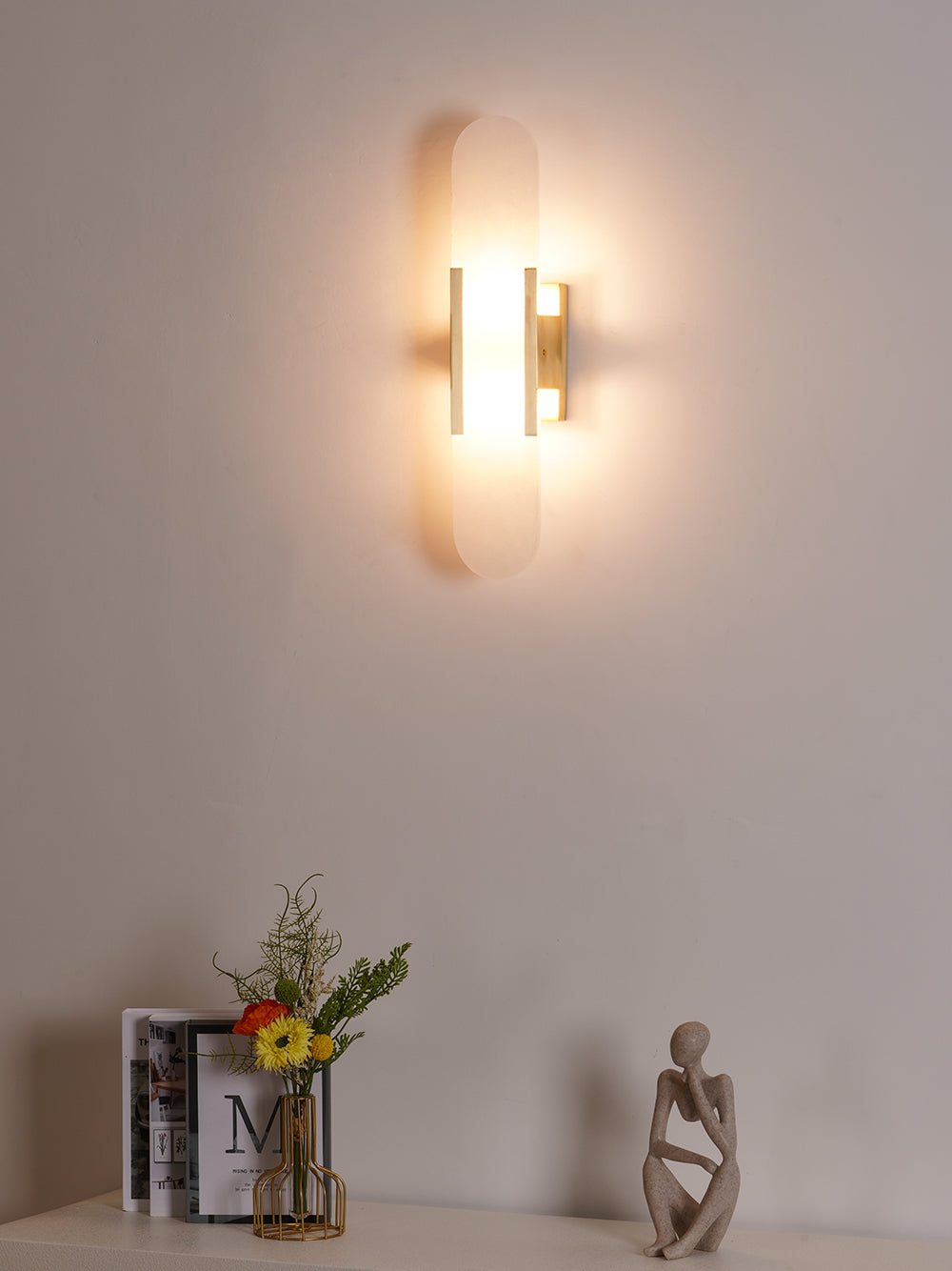 Melange Elongated Alabaster Wall Lamp 13.8 in White Brass Indoor Lighting Decorative Modern Sconce | Thomler