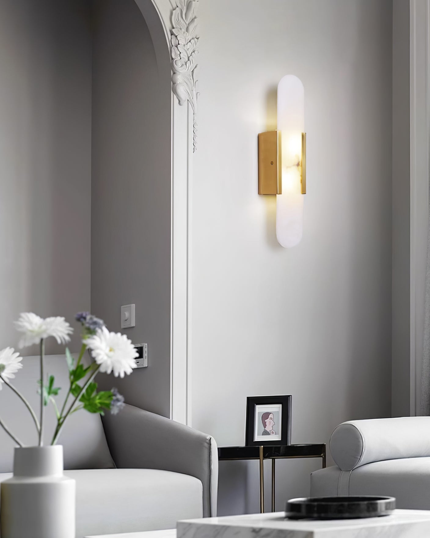Melange Elongated Alabaster Wall Lamp 13.8 in White Brass Indoor Lighting Decorative Modern Sconce | Thomler
