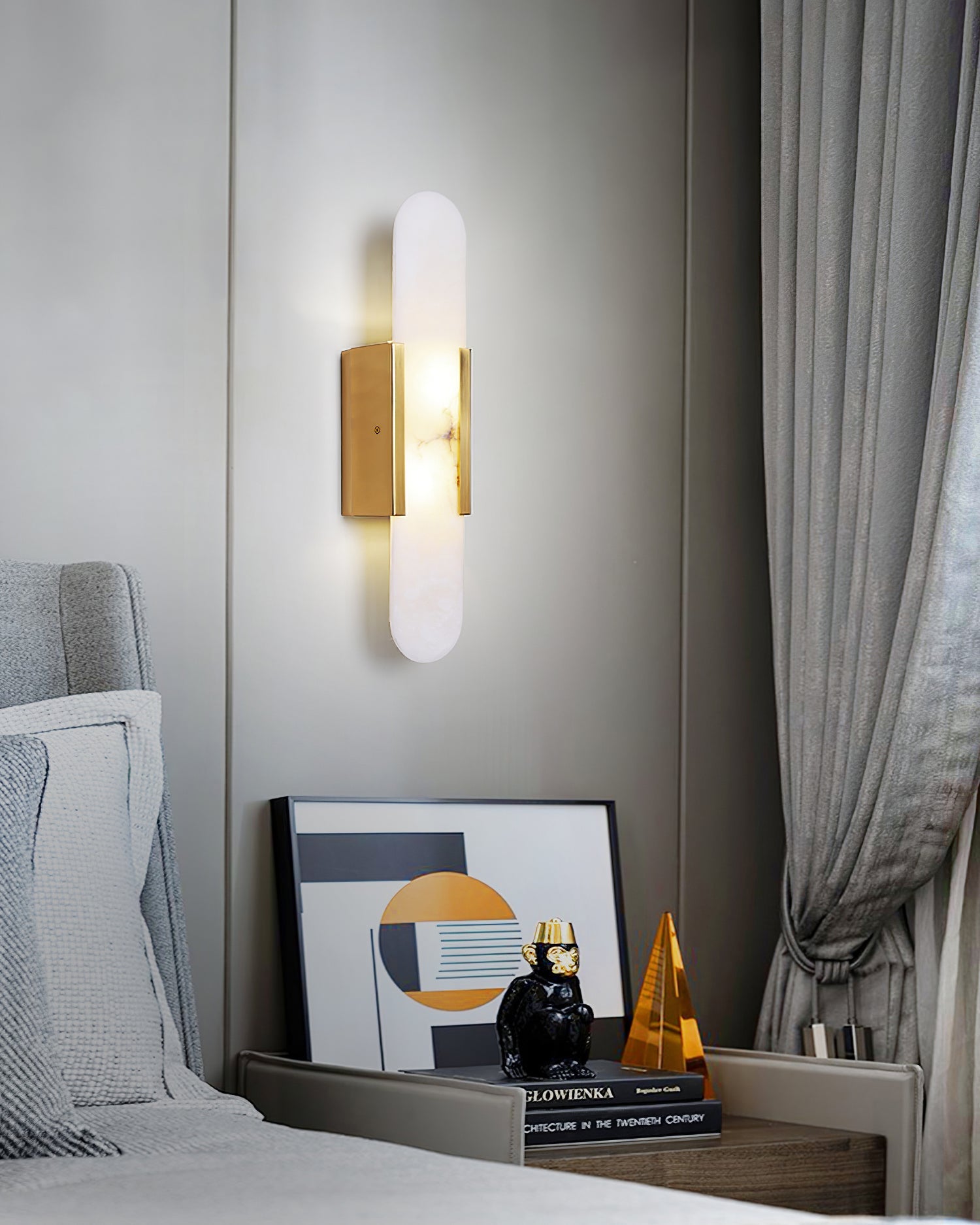 Melange Elongated Alabaster Wall Lamp 13.8 in White Brass Indoor Lighting Decorative Modern Sconce | Thomler