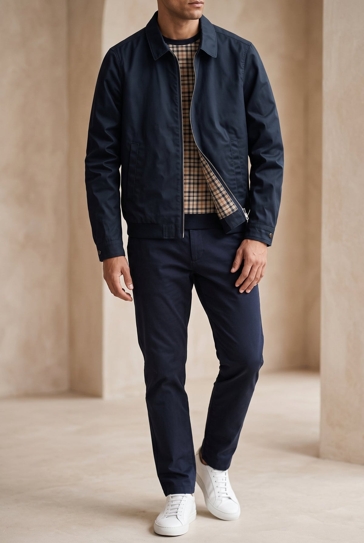 Zip-Front Cotton Jacket with Tartan Lining for Men – Sharp Collar & Flat-Pocket Shell | Thomler