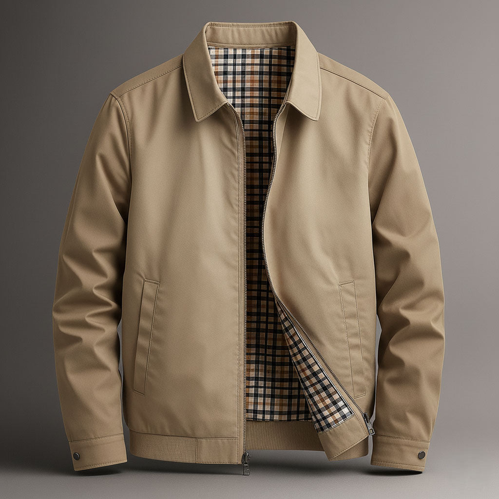 Zip-Front Cotton Jacket with Tartan Lining for Men – Sharp Collar & Flat-Pocket Shell | Thomler