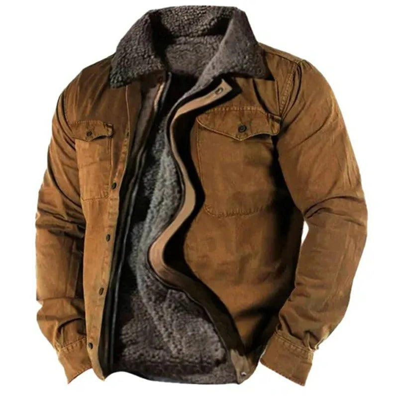 Hip-Length Faux Suede Jacket for Men – Classic Cowboy Collar, Snap-Front Design, Contrast Topstitching – Casual Western Outerwear | Thomler
