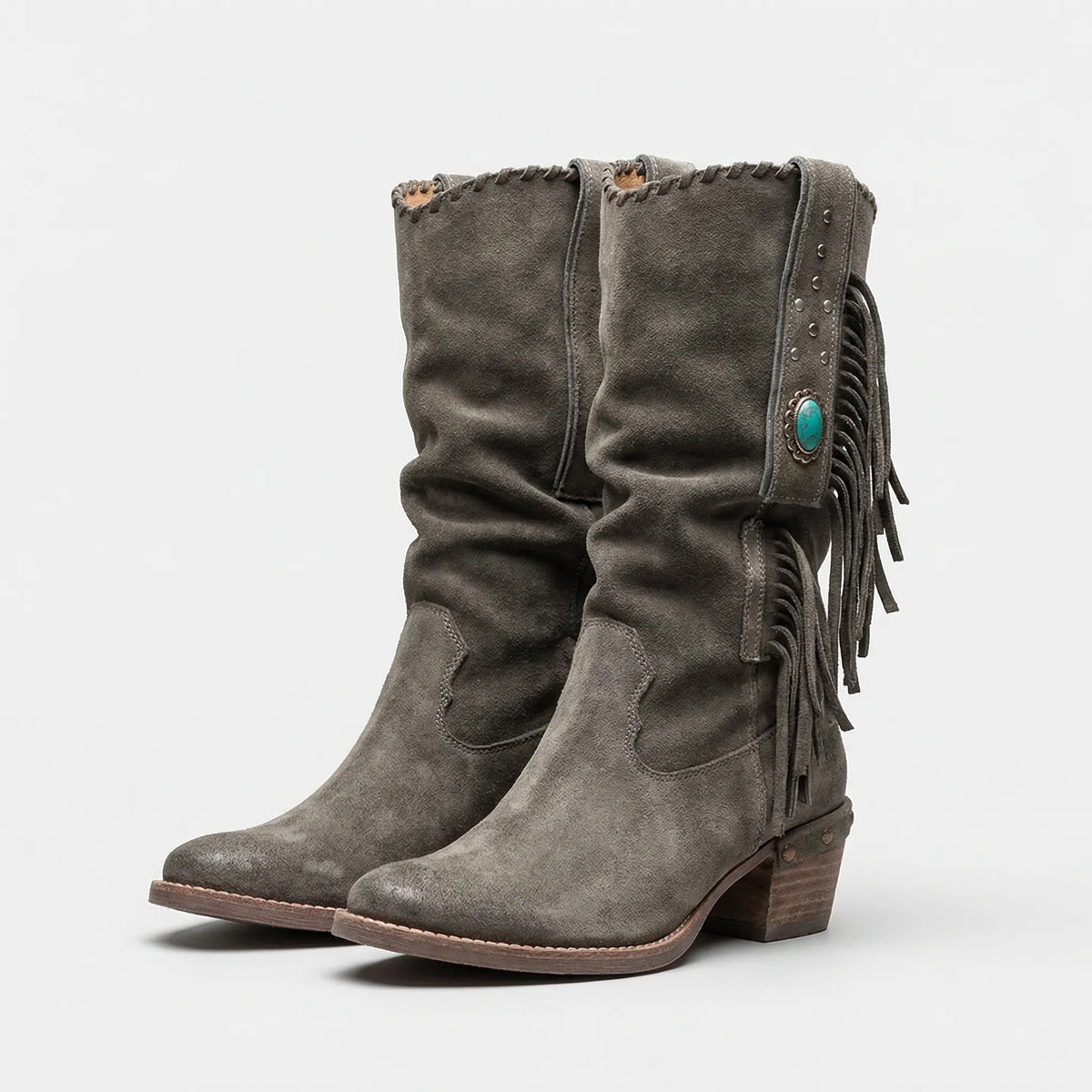 Slouchy Tassel Boots with Turquoise Stone – Western-Inspired Mid-Calf Design for Women | Thomler