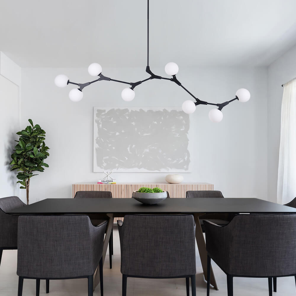 Eight-Light Glass Sphere Dining Room Chandelier with Adjustable Rod – Metal Frame – Hardwired Modern Fixture for Kitchen Island & Entryway | Thomler