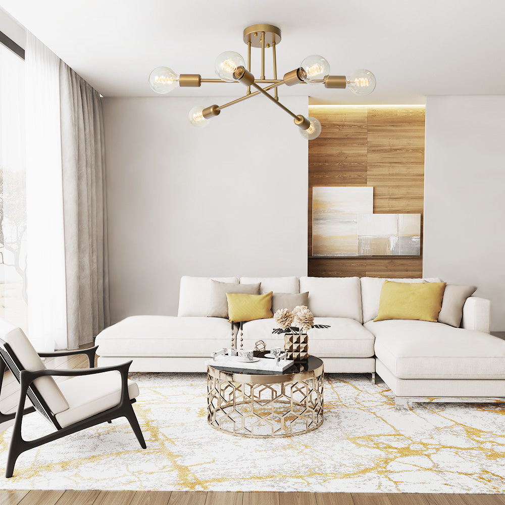 6-Light Starburst Ceiling Fixture in Warm Gold Tone – Close-to-Ceiling Geometric Chandelier for Dining Room, Bedroom & Entryway | Thomler